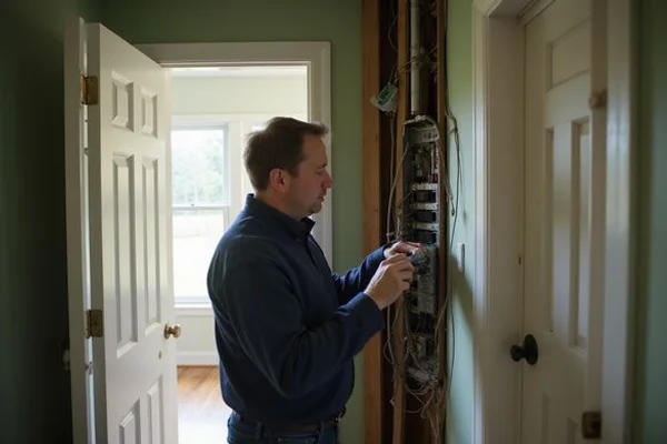 Inspector checking an older home's electrical panel