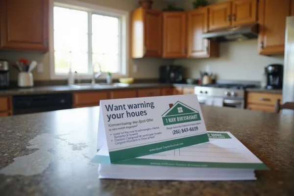 Cash offer postcards and mailers on a kitchen counter