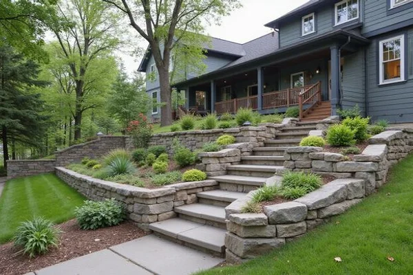Stone retaining wall and terraced yard on a Duluth hillside