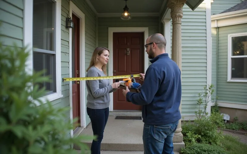 Appraiser measuring the exterior of an older Duluth home