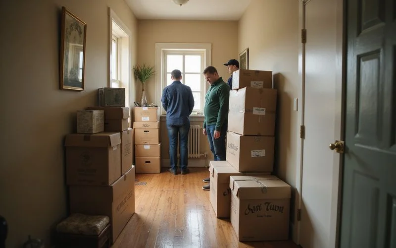 Boxes labeled keep, family, donate and sell in a hallway