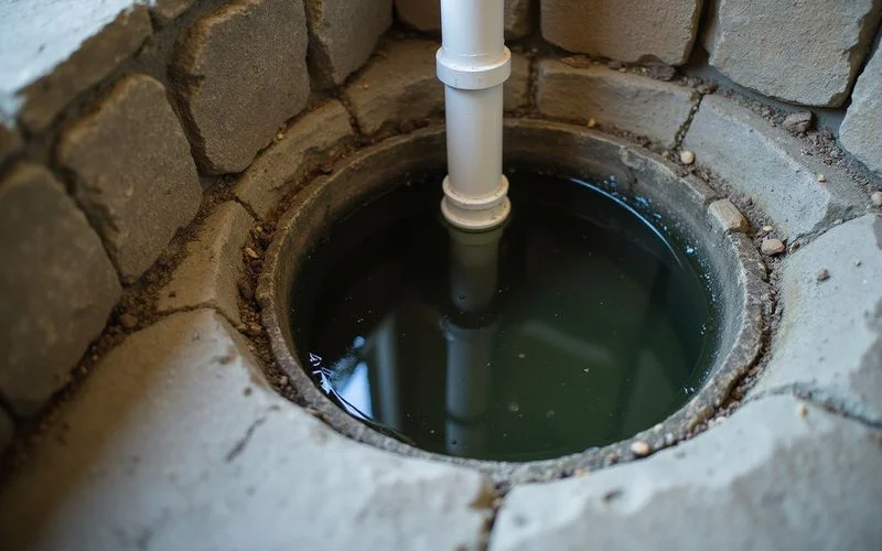 Sump pump and discharge pipe in the basement of an older Duluth home
