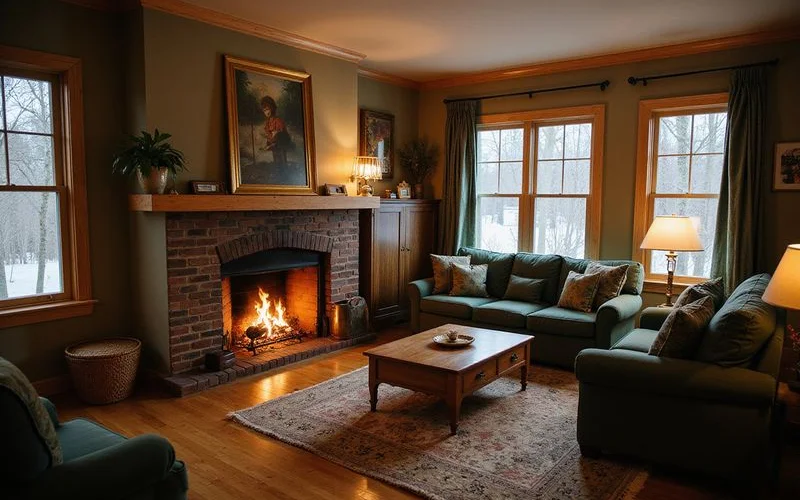 Warmly lit interior of an older Duluth home on a winter evening