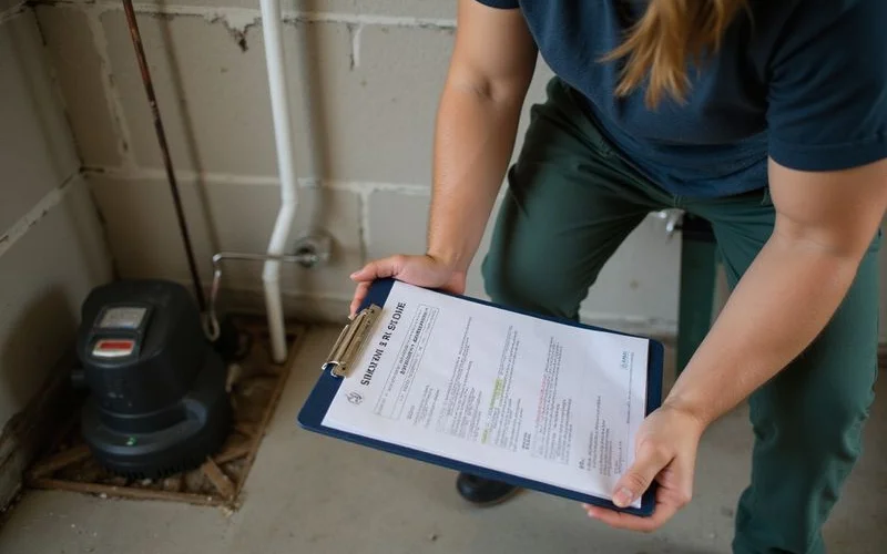Repair checklist on a clipboard next to a sump pump