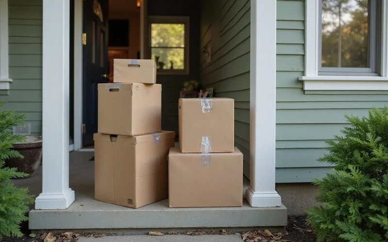 Donation boxes stacked by a front door