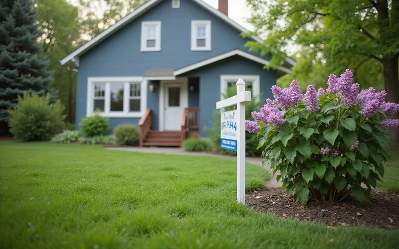 Duluth front yard in late spring with a for-sale sign