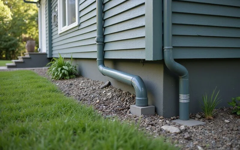 Downspout redirected away from the foundation on a hillside home