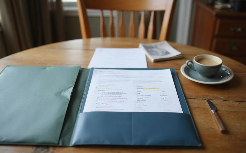 Folder with CMA, net sheet and prep checklist on a dining table