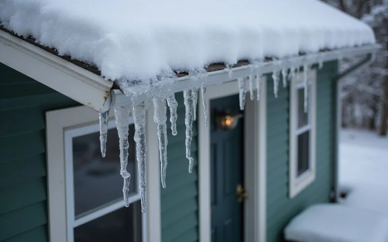 Icicles and an ice dam on the eaves of an older Duluth house
