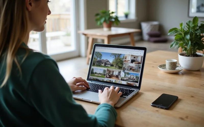 Reviewing online listing photos on a laptop
