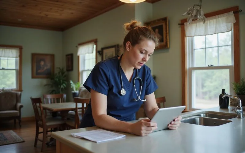 Medical professional reviewing a home price review on a tablet