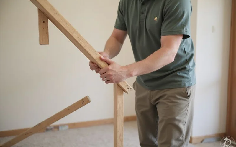 New basement stair handrail being installed