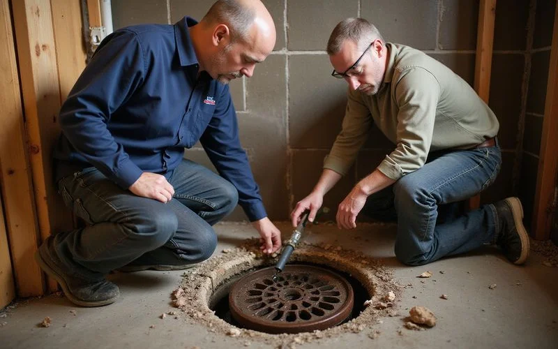 Old house trap and floor drain being checked in a Duluth basement