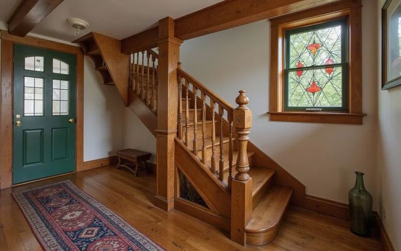 Original oak staircase and stained glass in a century home