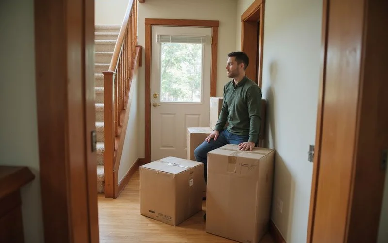 Packed moving boxes in the front hall of an East Hillside Duluth home