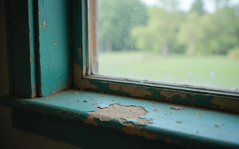 Old paint on a window frame of a pre-1978 home
