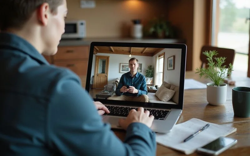 Heir on a video call viewing a house walkthrough on a laptop