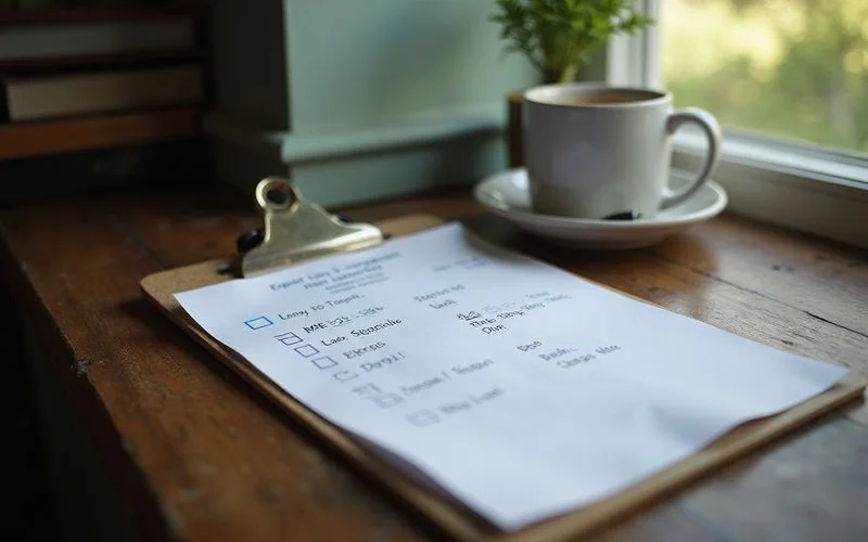 Interview checklist on a clipboard beside a coffee mug