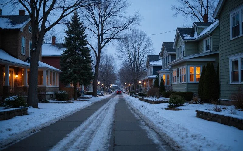 Residential street of pre-1940 homes in Duluth, Minnesota, in early winter with light snow