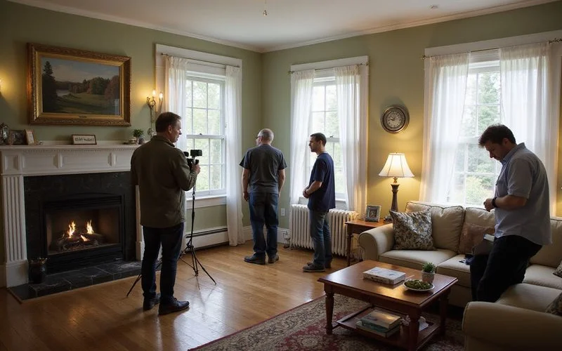 Photographer shooting a staged living room in an older Duluth home
