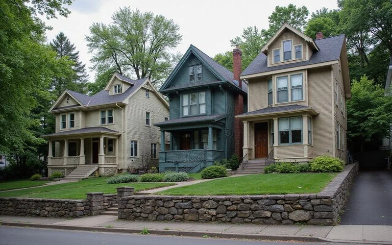 Older Duluth homes on a steep hillside street with stone retaining walls