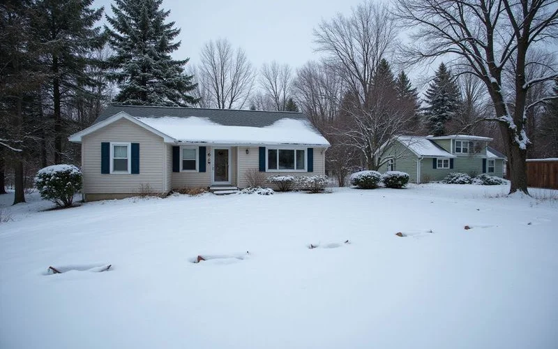 Snow-covered drainfield marked with stakes in winter
