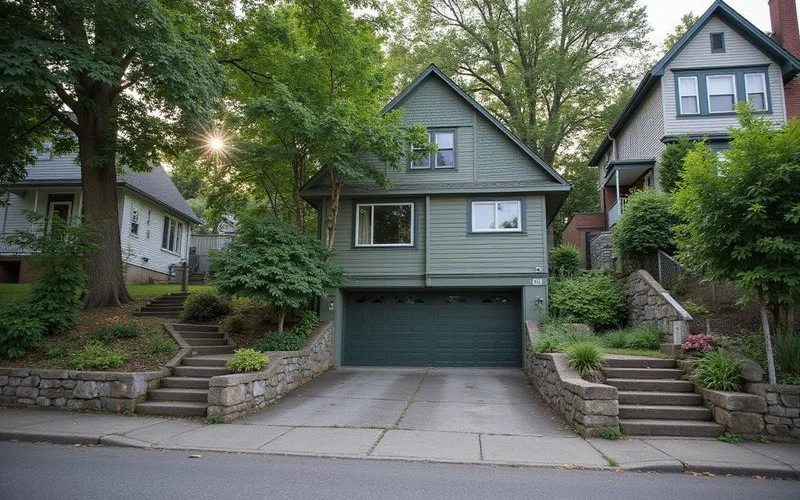 Steep Duluth street with a detached garage tucked into the hillside