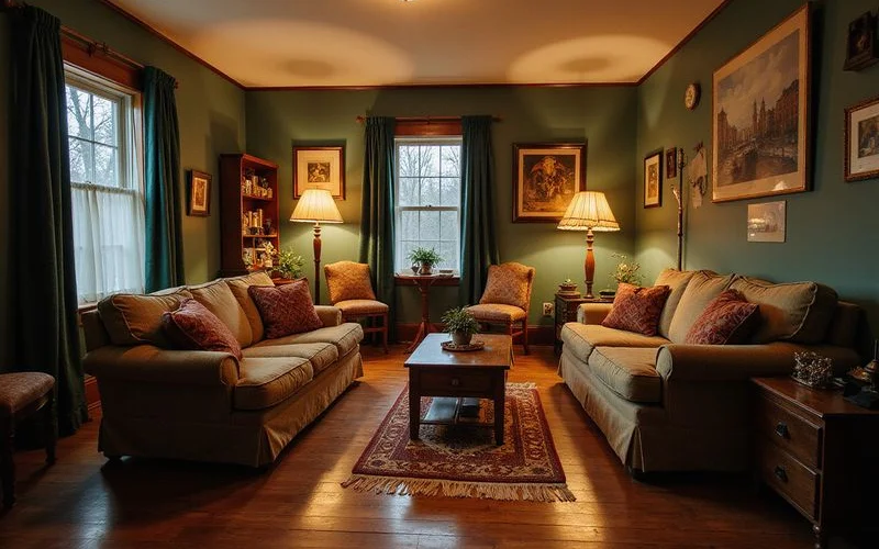Warmly lit living room of a 1920s Duluth home on a winter evening