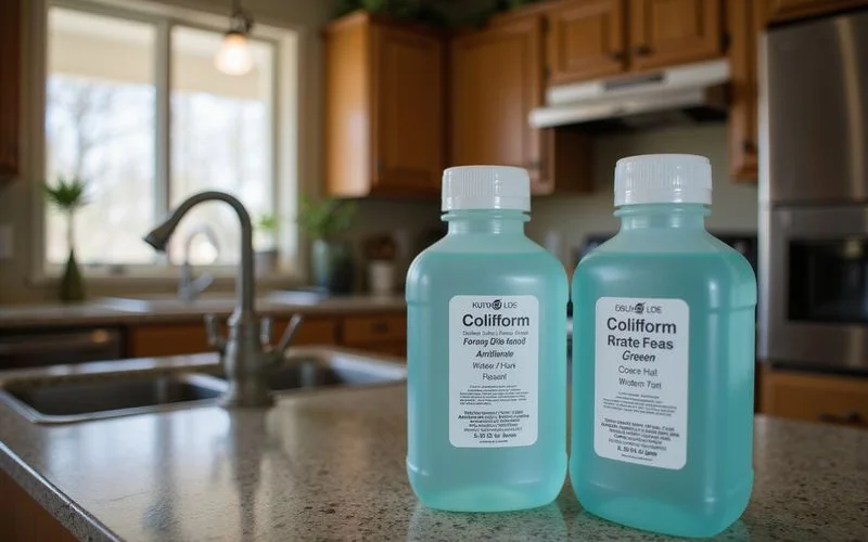 Water sample bottles on a kitchen counter