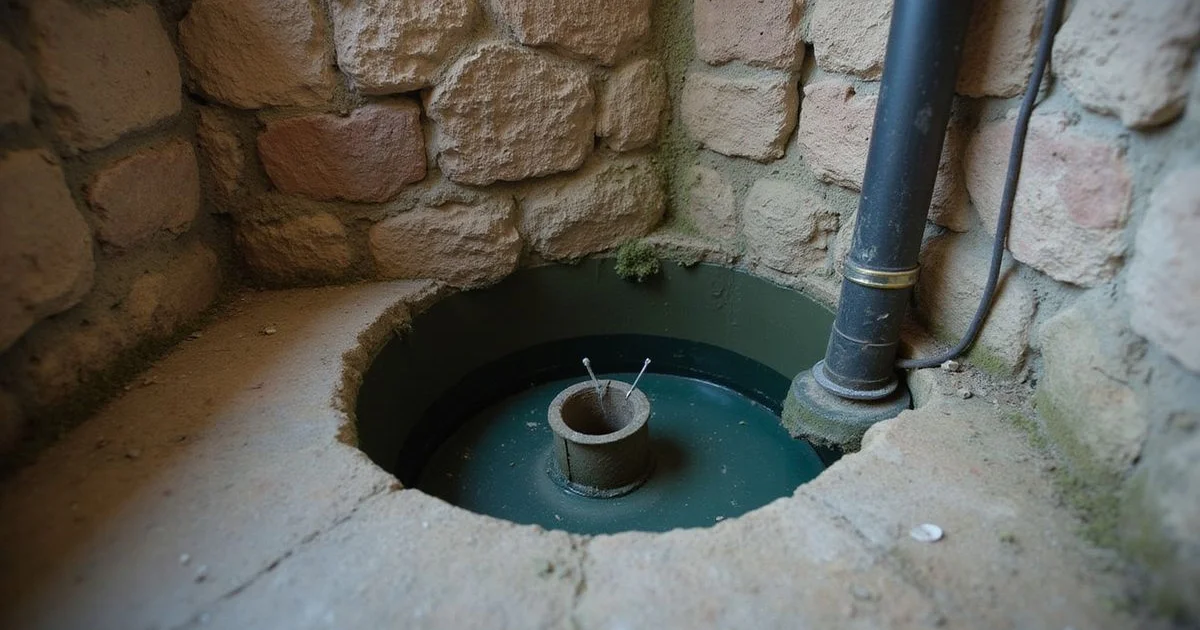Basement sump pump pit with discharge pipe in an older Duluth home