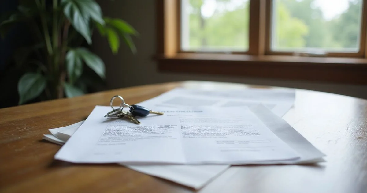 Closing documents and keys on a title company table