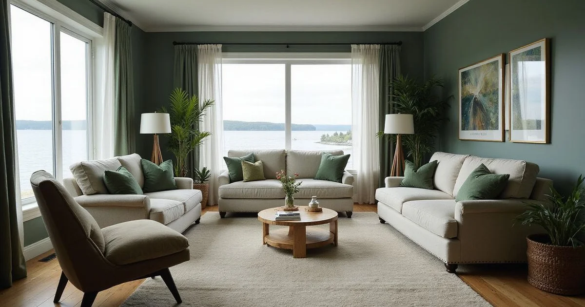 Empty staged living room in a Duluth home with lake light