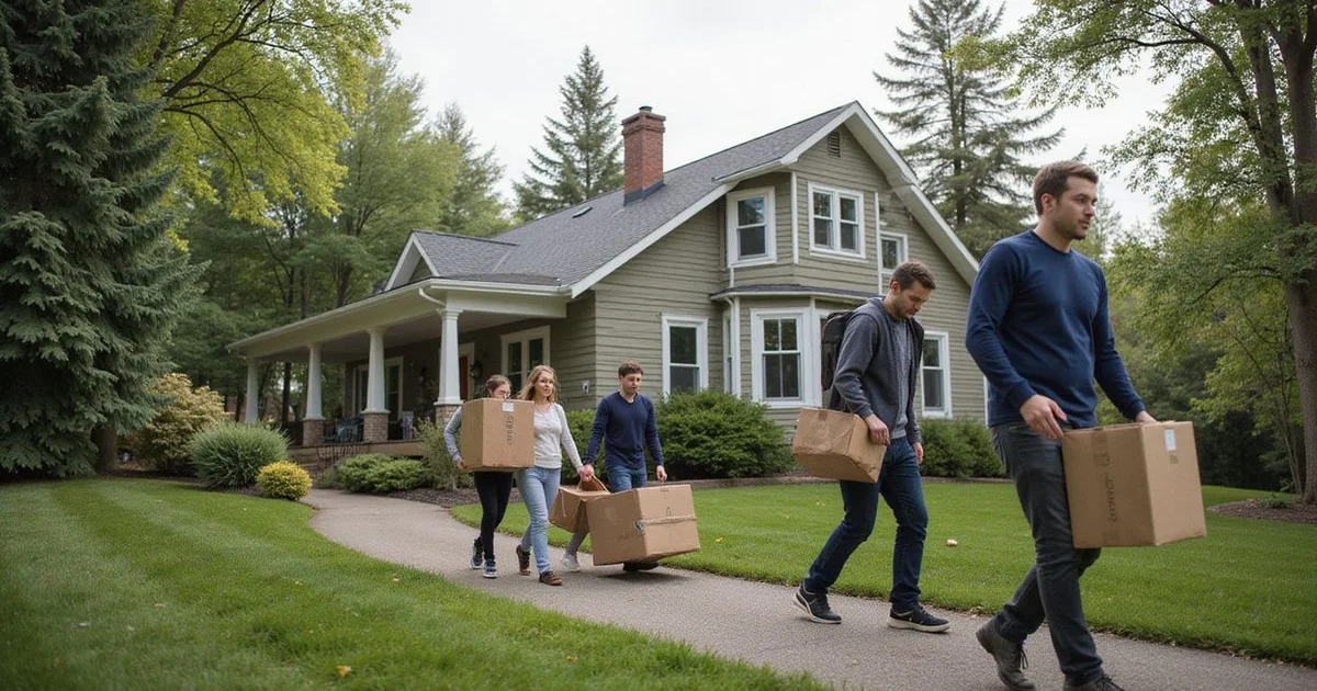 Family carrying boxes between a hillside home and a one-level house