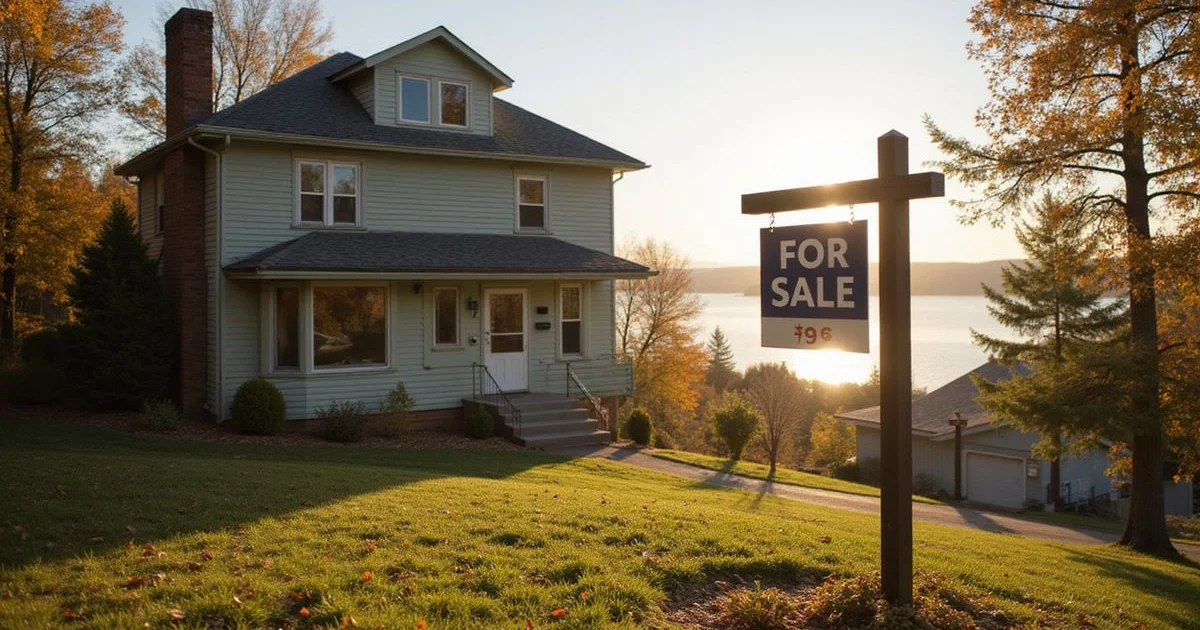 For-sale sign in front of a Duluth hillside home with Lake Superior beyond