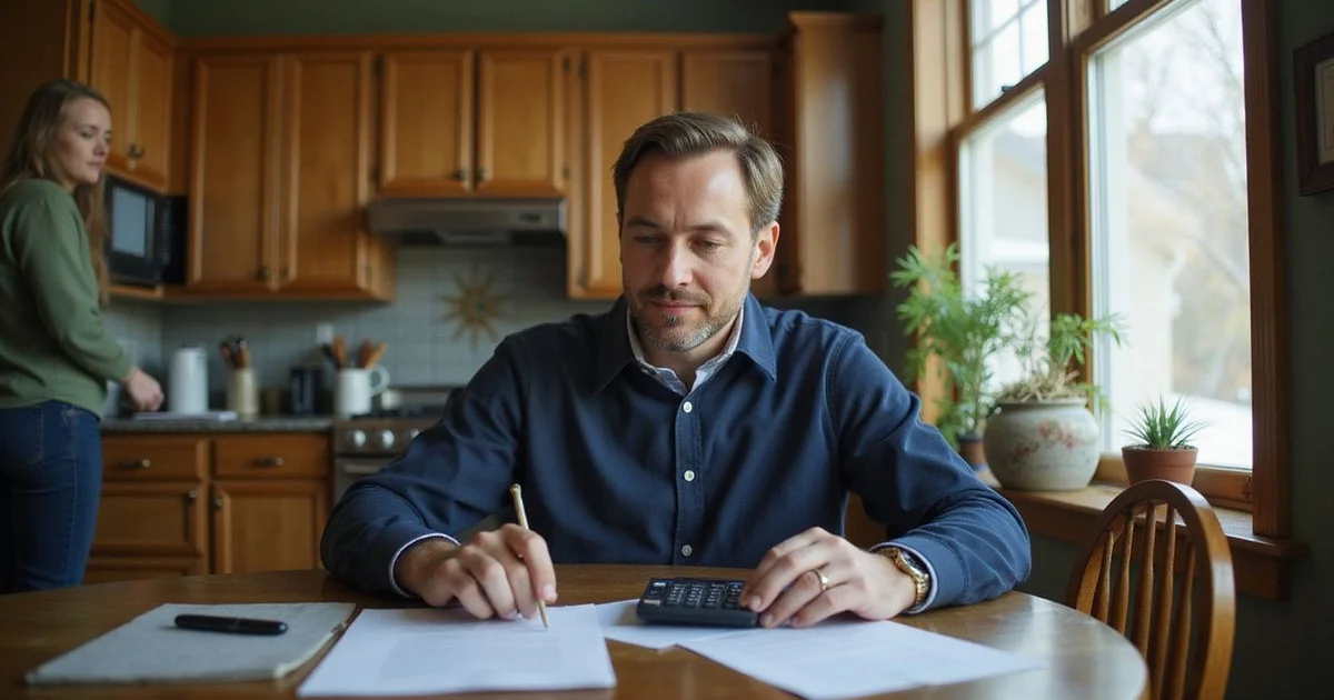 Heir reviewing papers and a calculator at a dining table