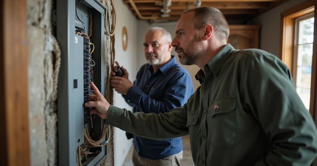 Inspector checking an electrical panel in an older home