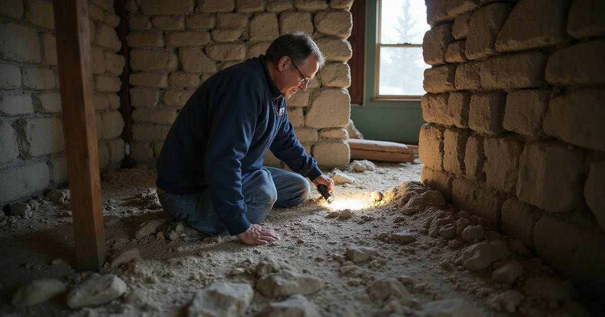 Home inspector with a flashlight in a fieldstone basement