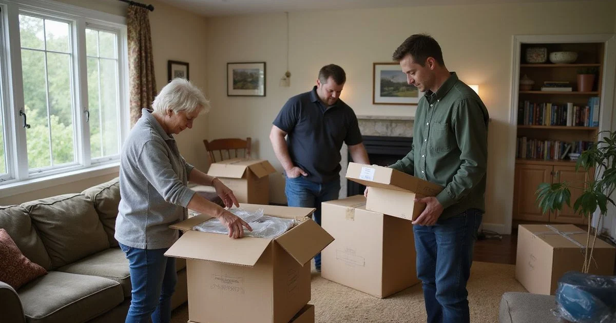 Labeled boxes and furniture being sorted in an older Duluth living room