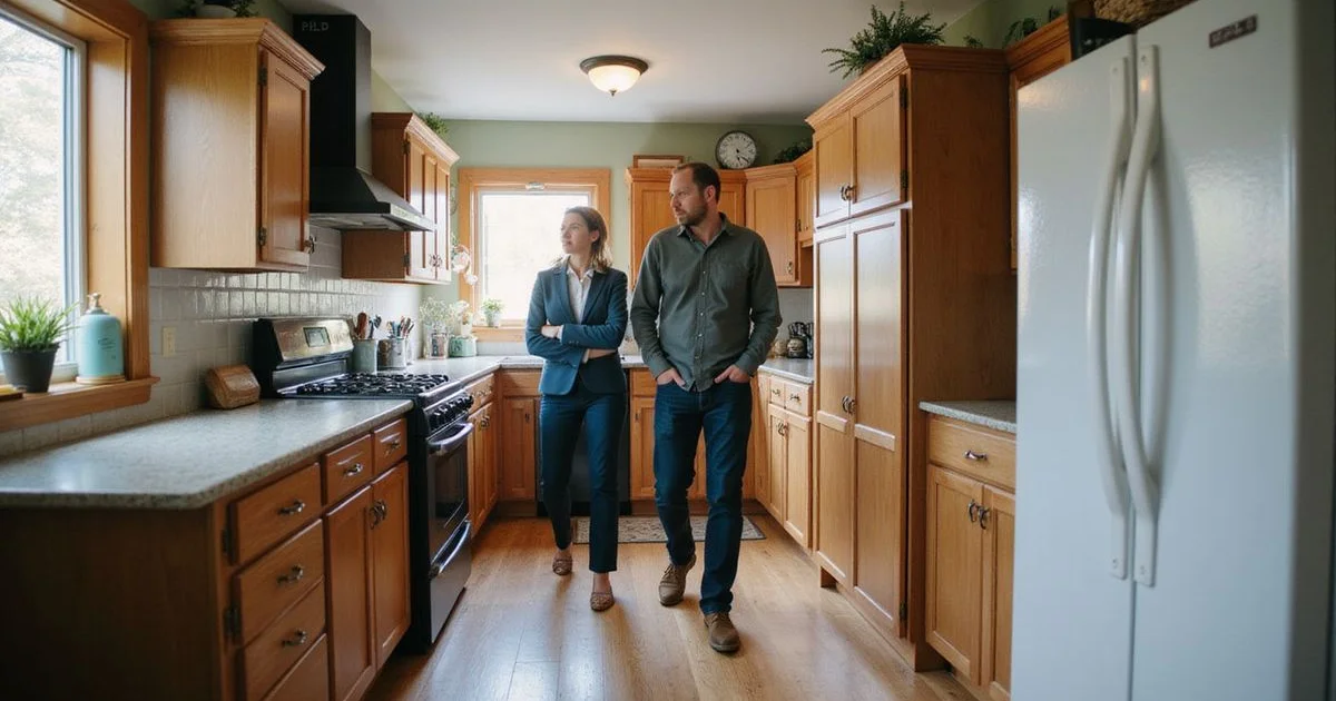 Agent and homeowner walking through a bright older Duluth kitchen