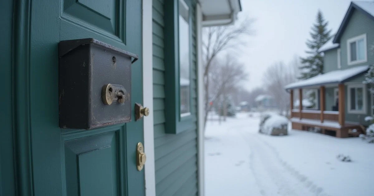 Lockbox on the front door of a snowy Duluth house