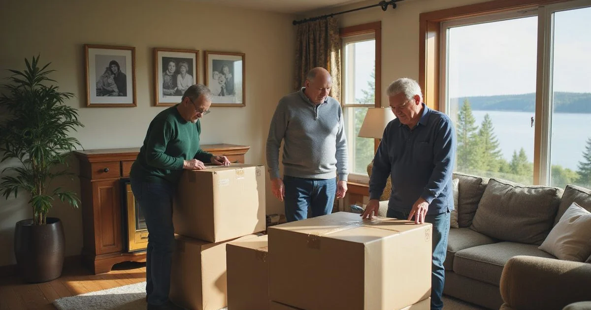 Older couple packing boxes in the living room of a Duluth hillside house