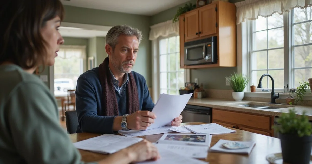 Person reviewing mail and bills at a kitchen table