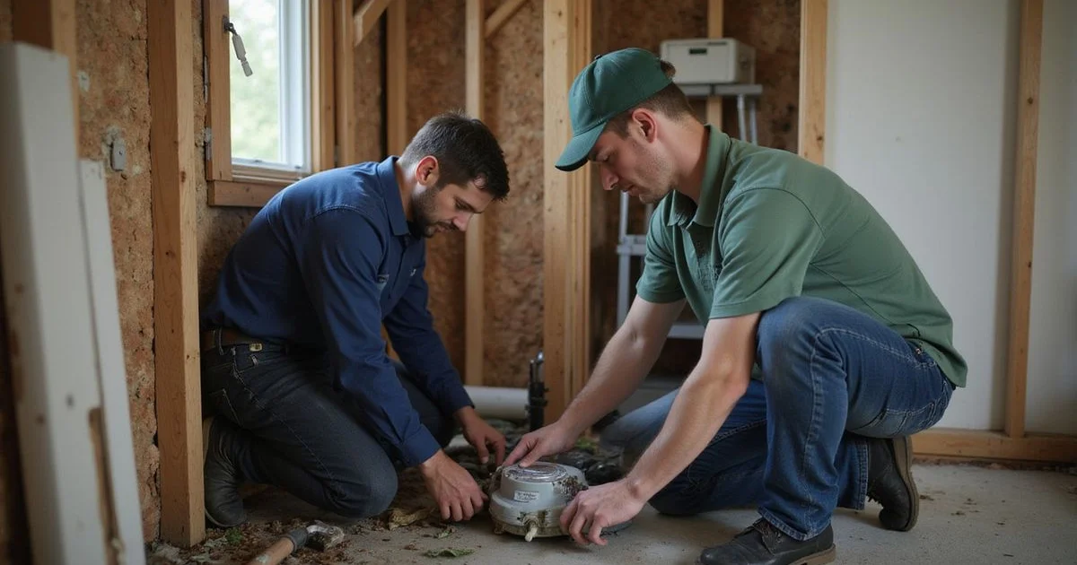 Plumber installing a sump pump in an older Duluth basement
