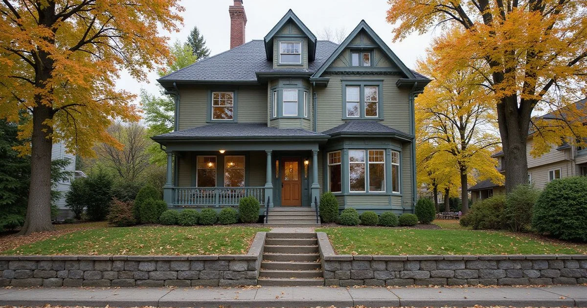 Queen Anne house with a stone retaining wall on an East End Duluth street
