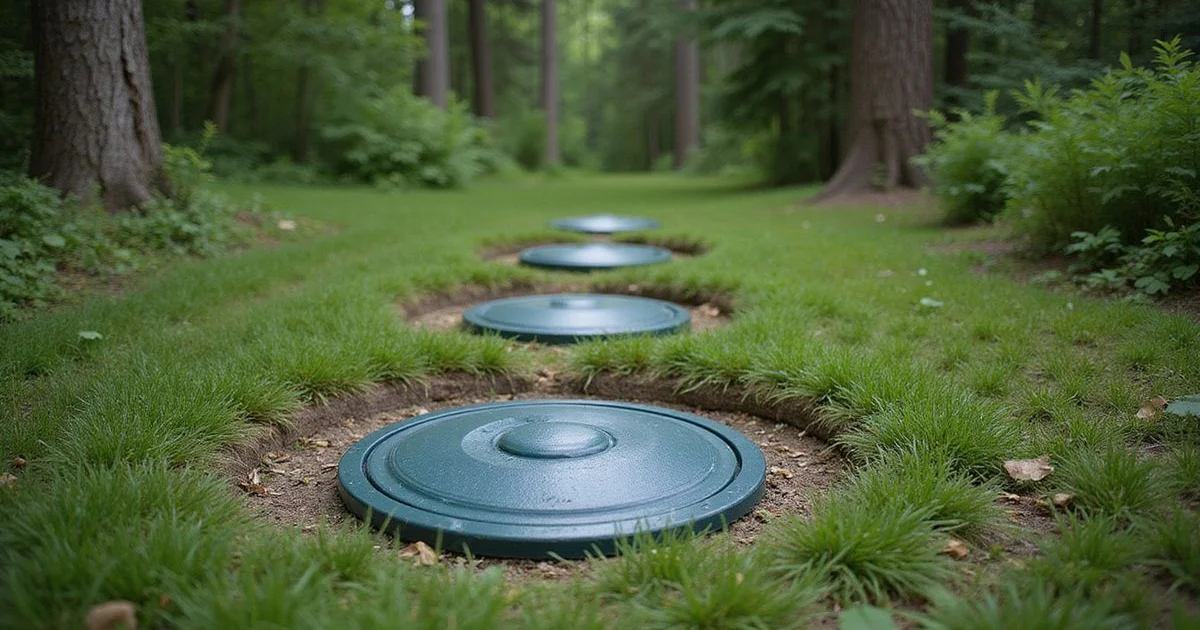 Septic tank access lids in a wooded yard near Duluth