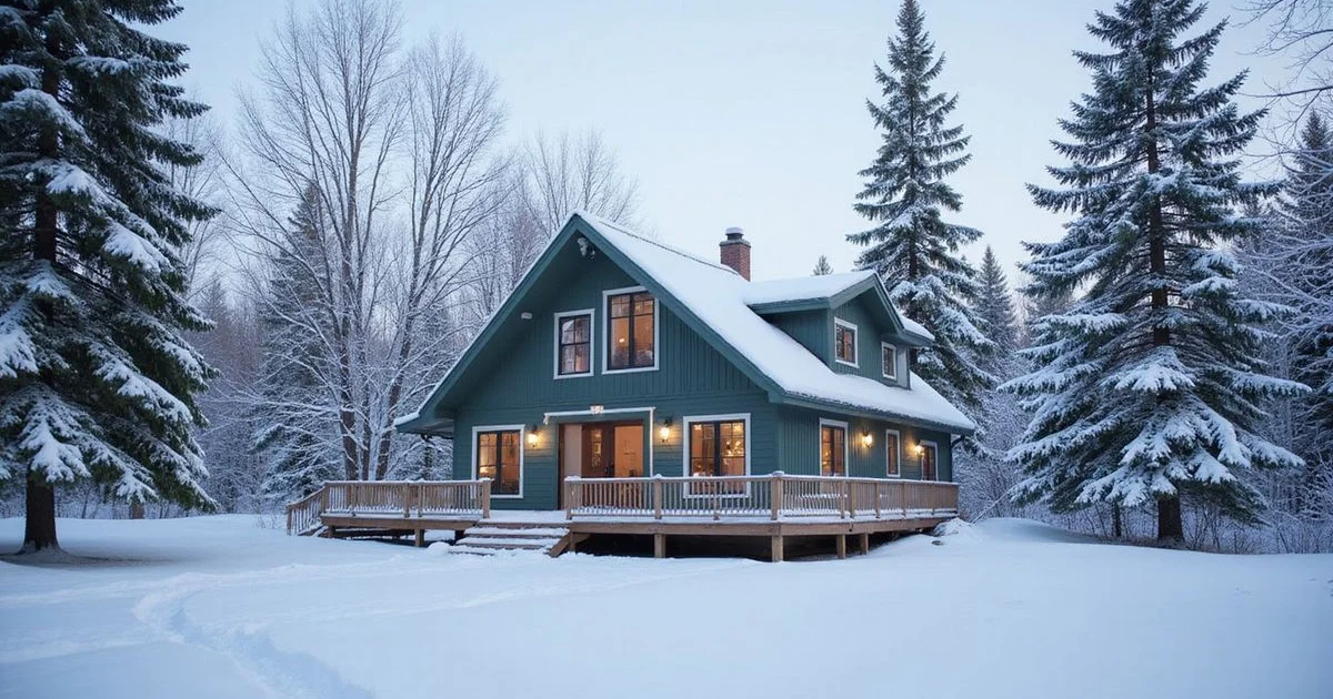 Snow-covered cabin and yard near the North Shore in January