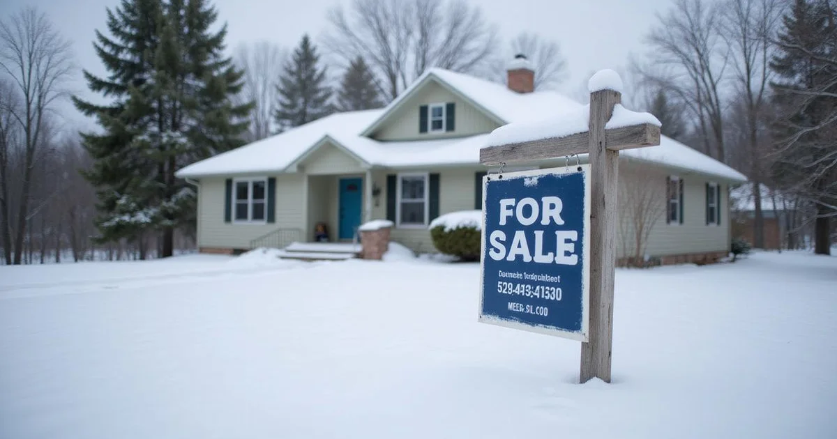 Snow-covered for-sale sign in front of a Duluth house in late winter