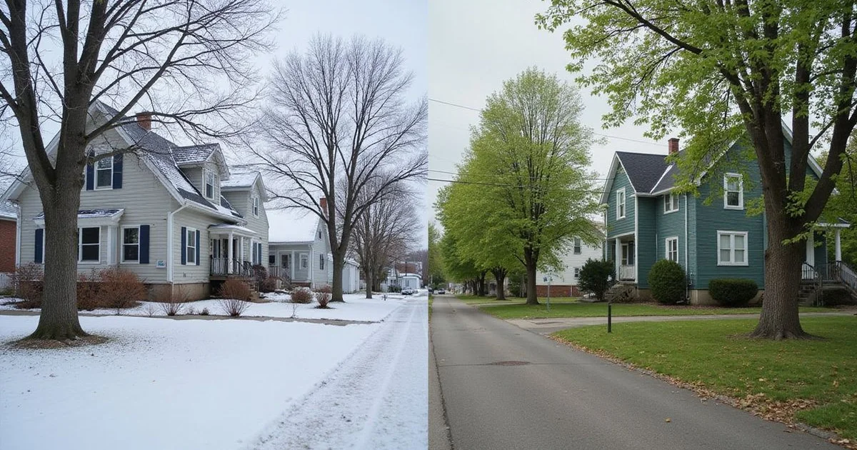 The same Duluth street of older homes shown in winter and in spring