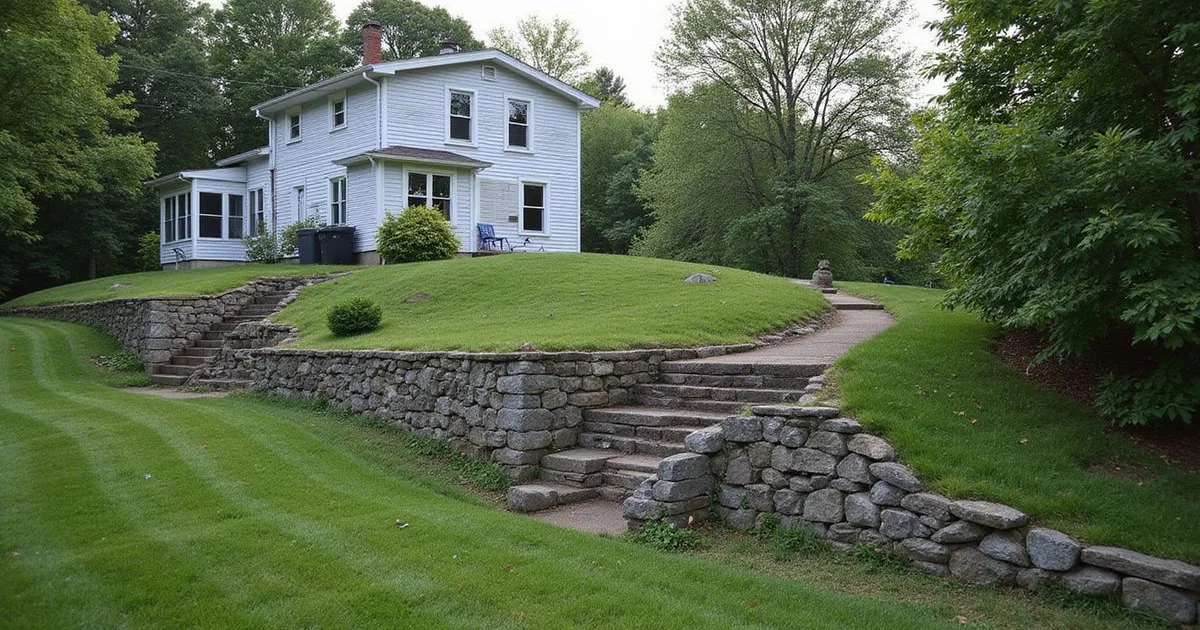 Steep Duluth hillside yard with a stone retaining wall and extended downspout