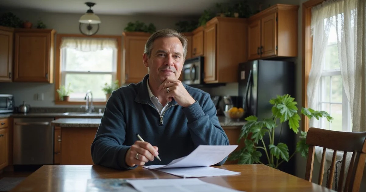 Homeowner weighing two printed offers at a kitchen table
